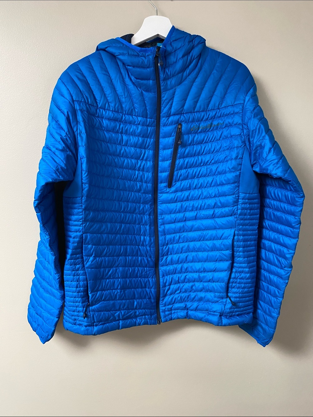 Eddie Bauer Stormdown 800 Down Puffer Hooded Bright Cobalt Blue Size Medium